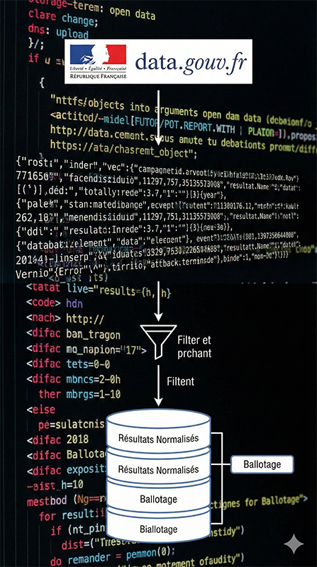 Infographie montrant le flux de données massives provenant de data.gouv.fr vers la plateforme Ballotage pour le traitement des résultats électoraux.