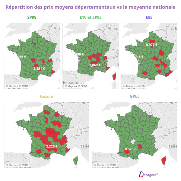 Carte du classement des prix des carburants par département par rapport à la moyenne nationale